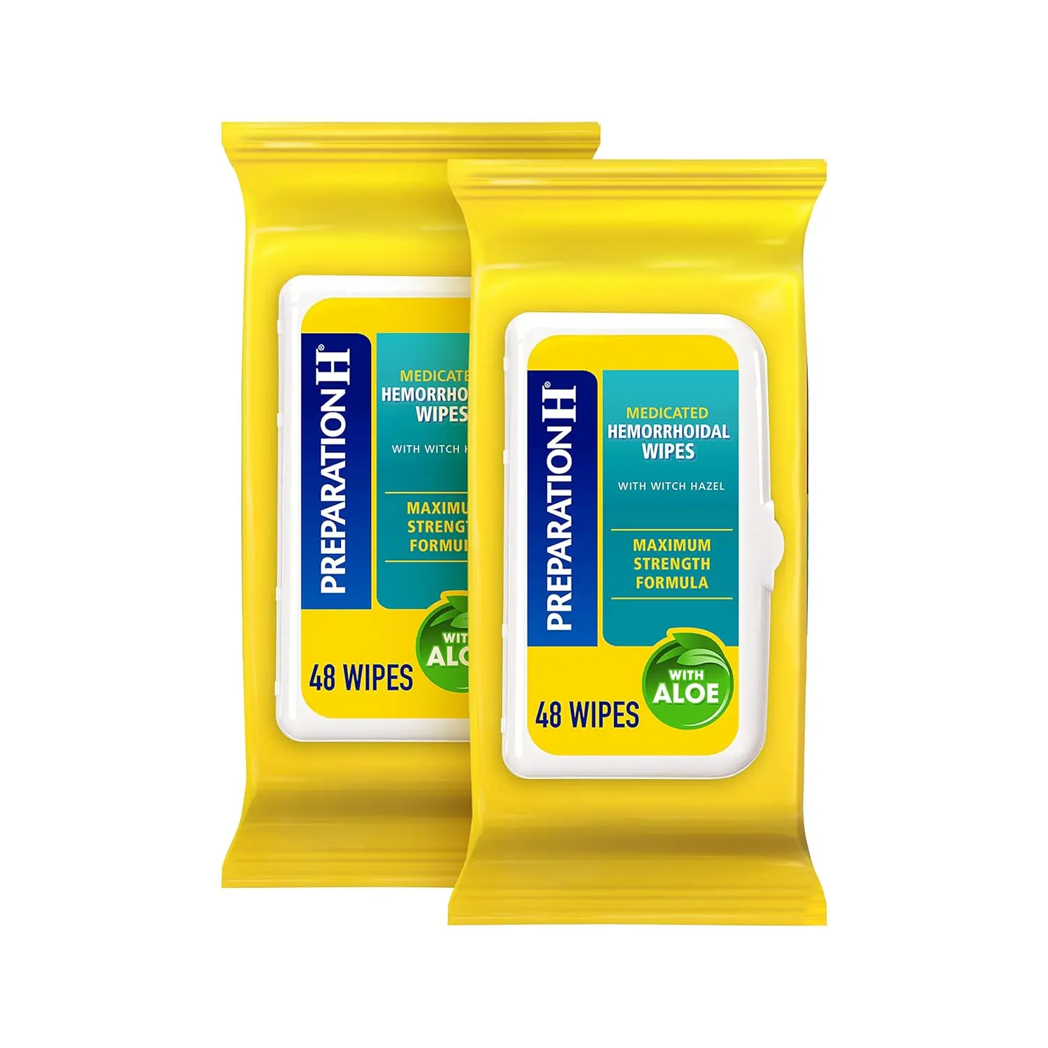 Two pouches of Preparation H medicated flushable hemorrhoid wipes with witch hazel and aloe, offering gentle cleansing and relief from irritation.