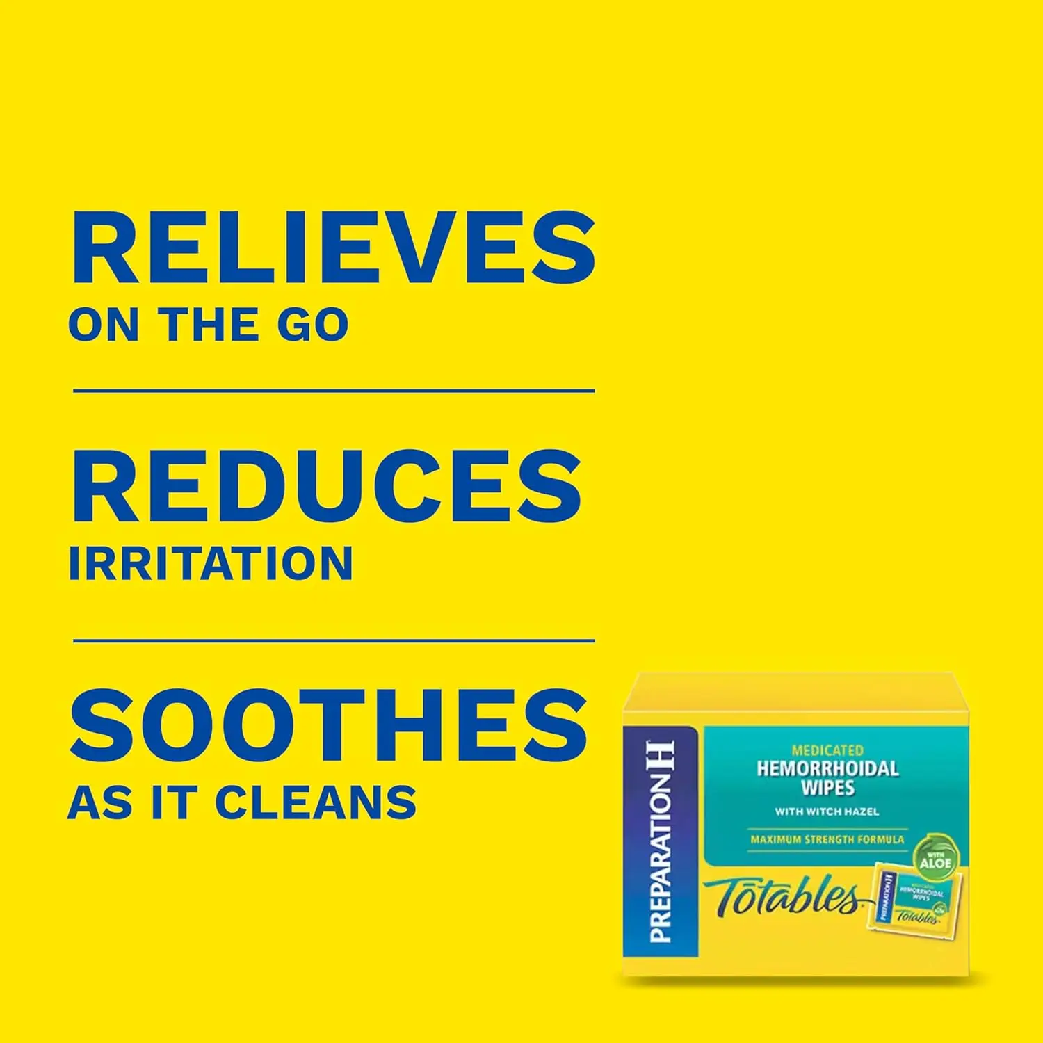 Two pouches of Preparation H medicated flushable hemorrhoid wipes with witch hazel and aloe, offering gentle cleansing and relief from irritation.