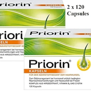 This image shows a bottle of Priorin capsules, a treatment for hair loss and to support healthy hair growth.