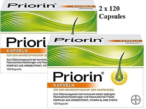 This image shows a bottle of Priorin capsules, a treatment for hair loss and to support healthy hair growth.