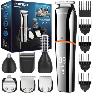 A cordless PRITECH hair clipper and beard trimmer kit for men, featuring multiple grooming attachments and USB charging.