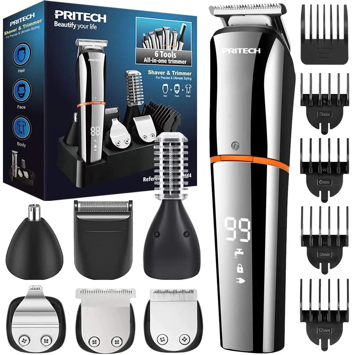 A cordless PRITECH hair clipper and beard trimmer kit for men, featuring multiple grooming attachments and USB charging.
