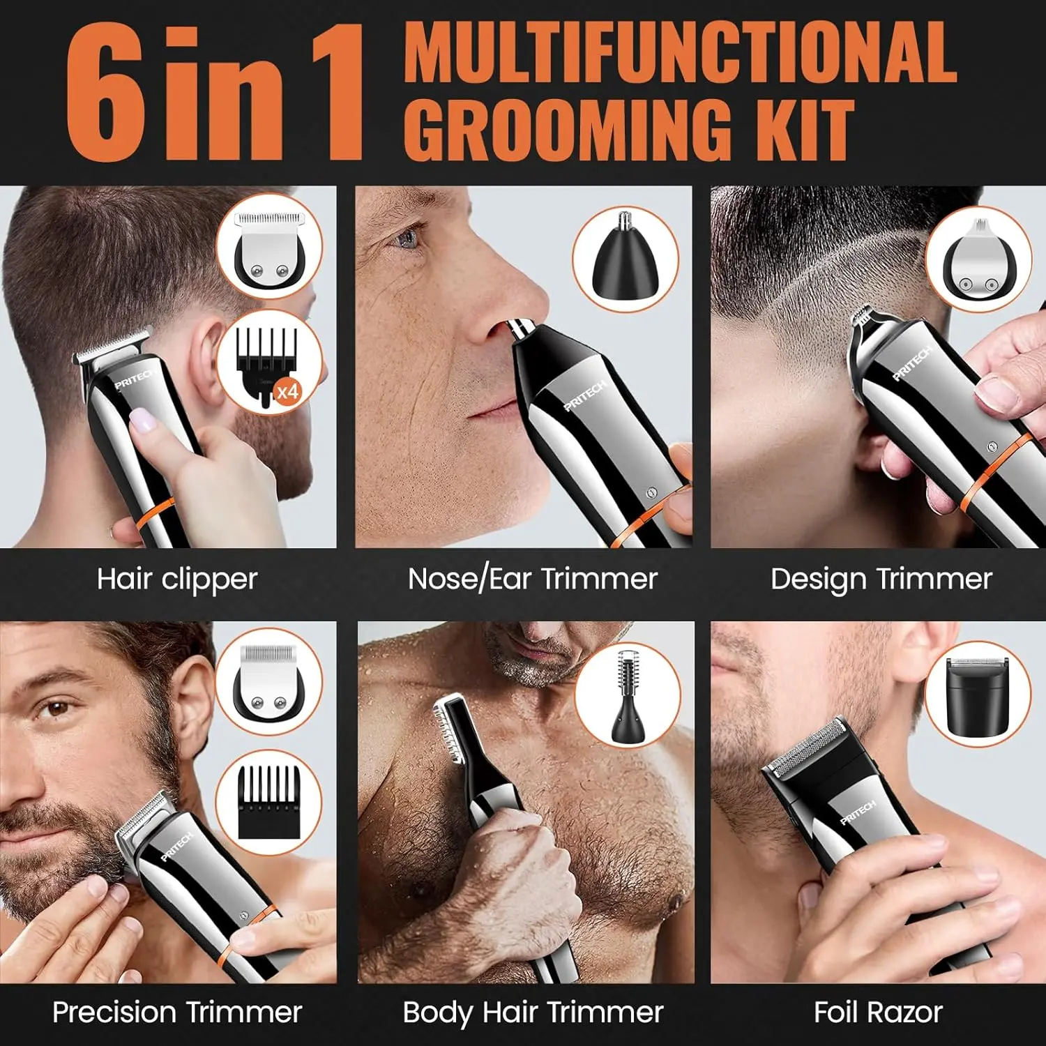 A cordless PRITECH hair clipper and beard trimmer kit for men, featuring multiple grooming attachments and USB charging.