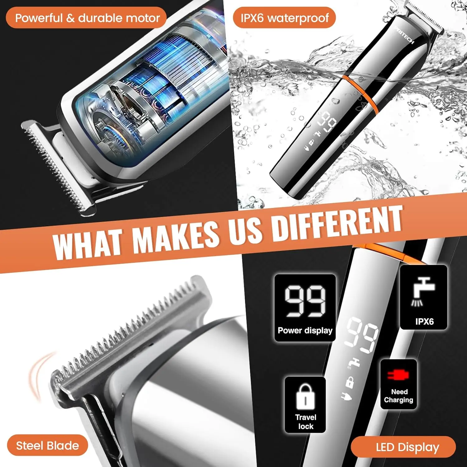 A cordless PRITECH hair clipper and beard trimmer kit for men, featuring multiple grooming attachments and USB charging.