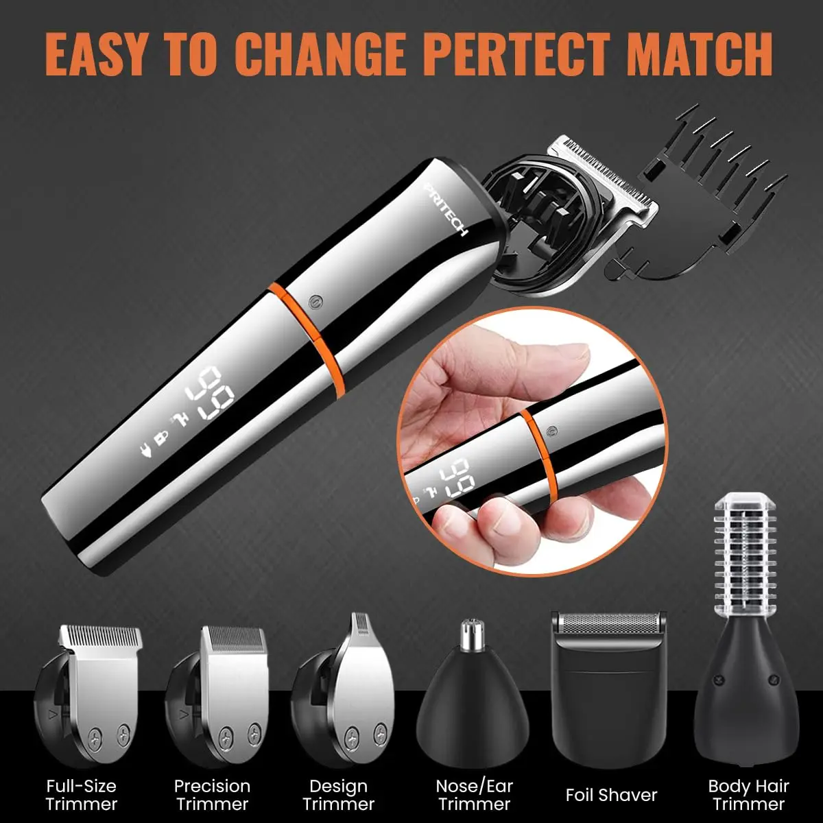 A cordless PRITECH hair clipper and beard trimmer kit for men, featuring multiple grooming attachments and USB charging.