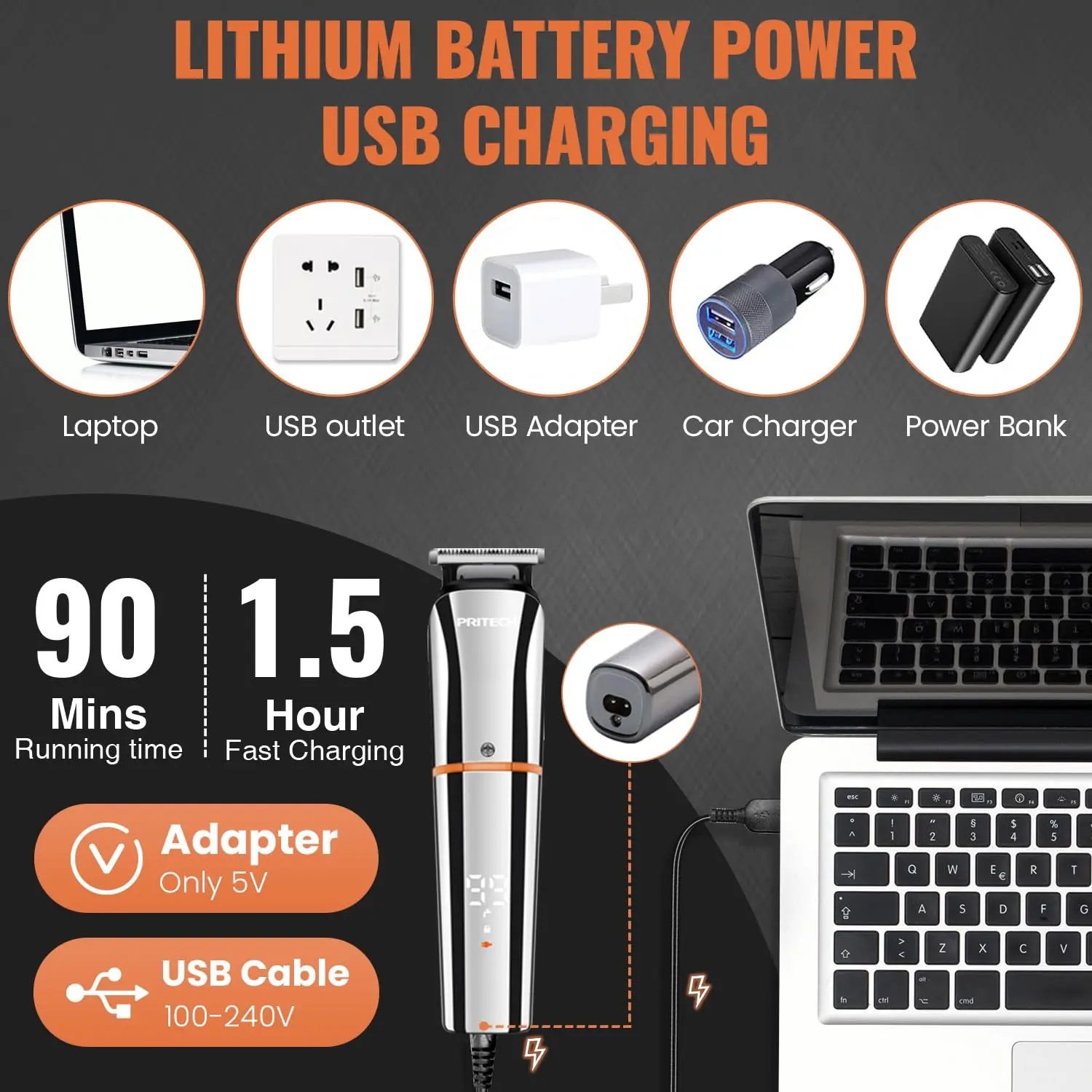 A cordless PRITECH hair clipper and beard trimmer kit for men, featuring multiple grooming attachments and USB charging.