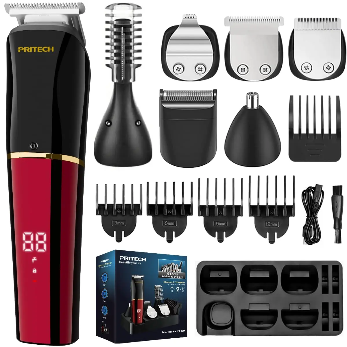 A cordless PRITECH hair clipper and beard trimmer kit for men, featuring multiple grooming attachments and USB charging.