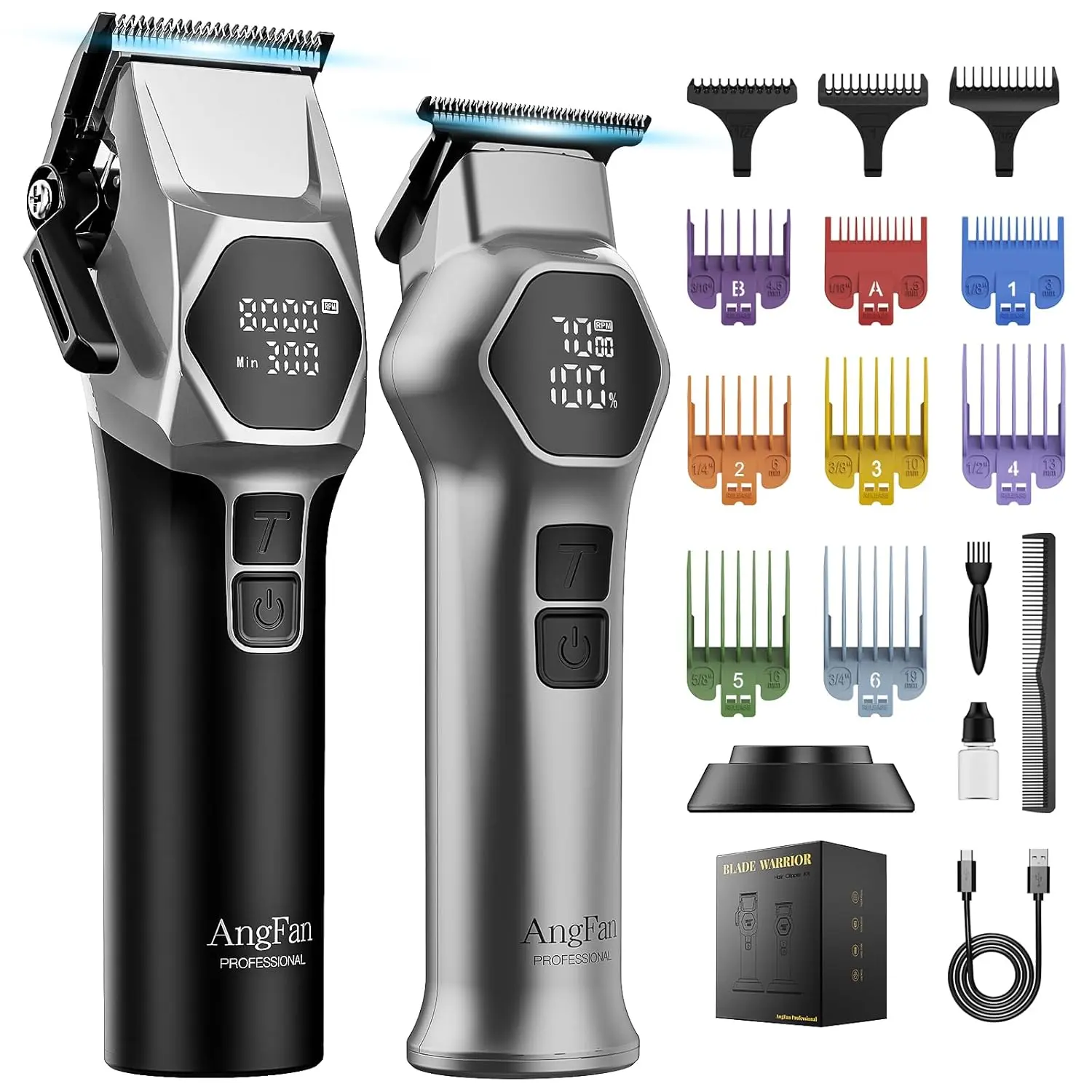 Professional cordless hair clipper and trimmer set with premium guards, adjustable head and sharp steel blades, designed for barbers and home use.