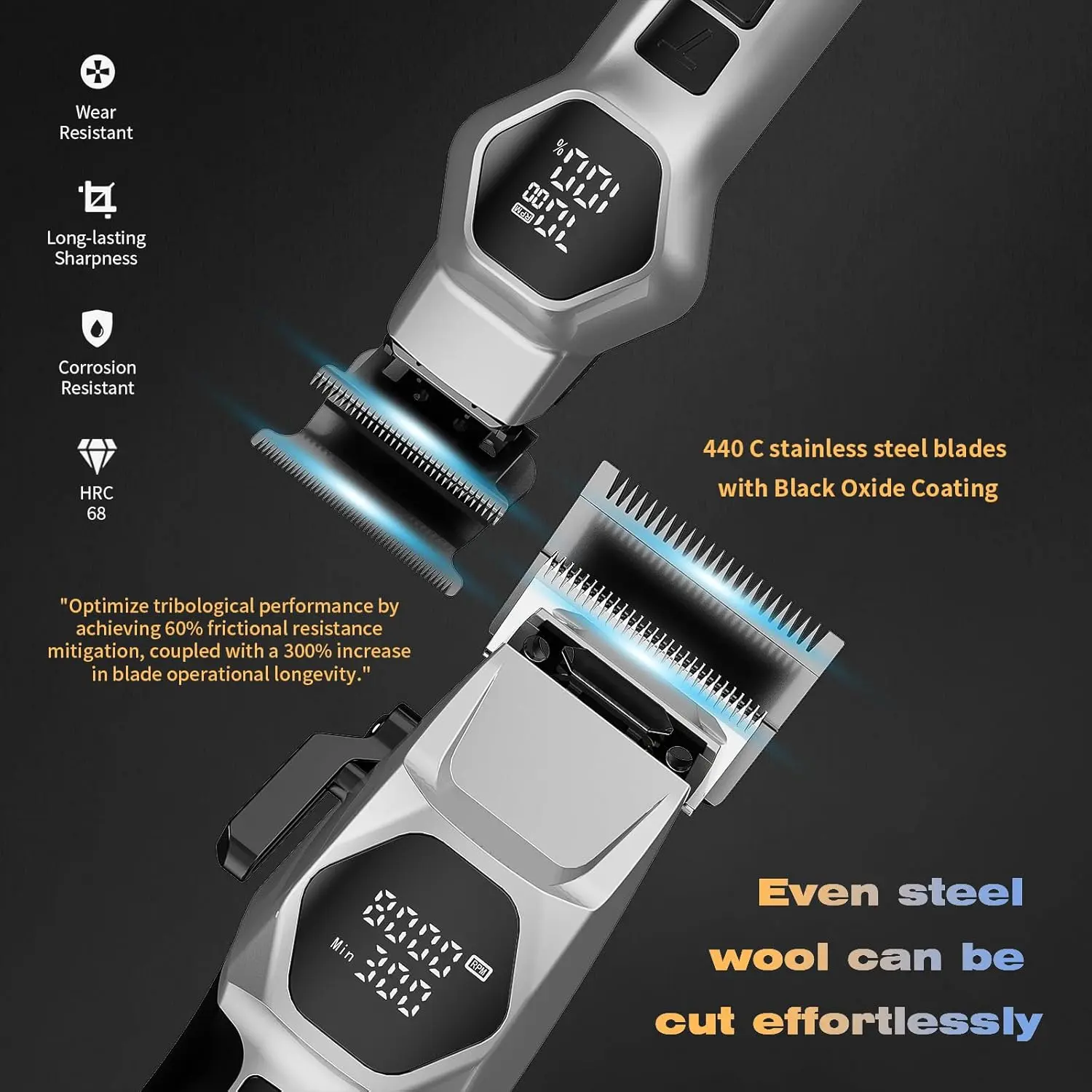 Professional cordless hair clipper and trimmer set with premium guards, adjustable head and sharp steel blades, designed for barbers and home use.