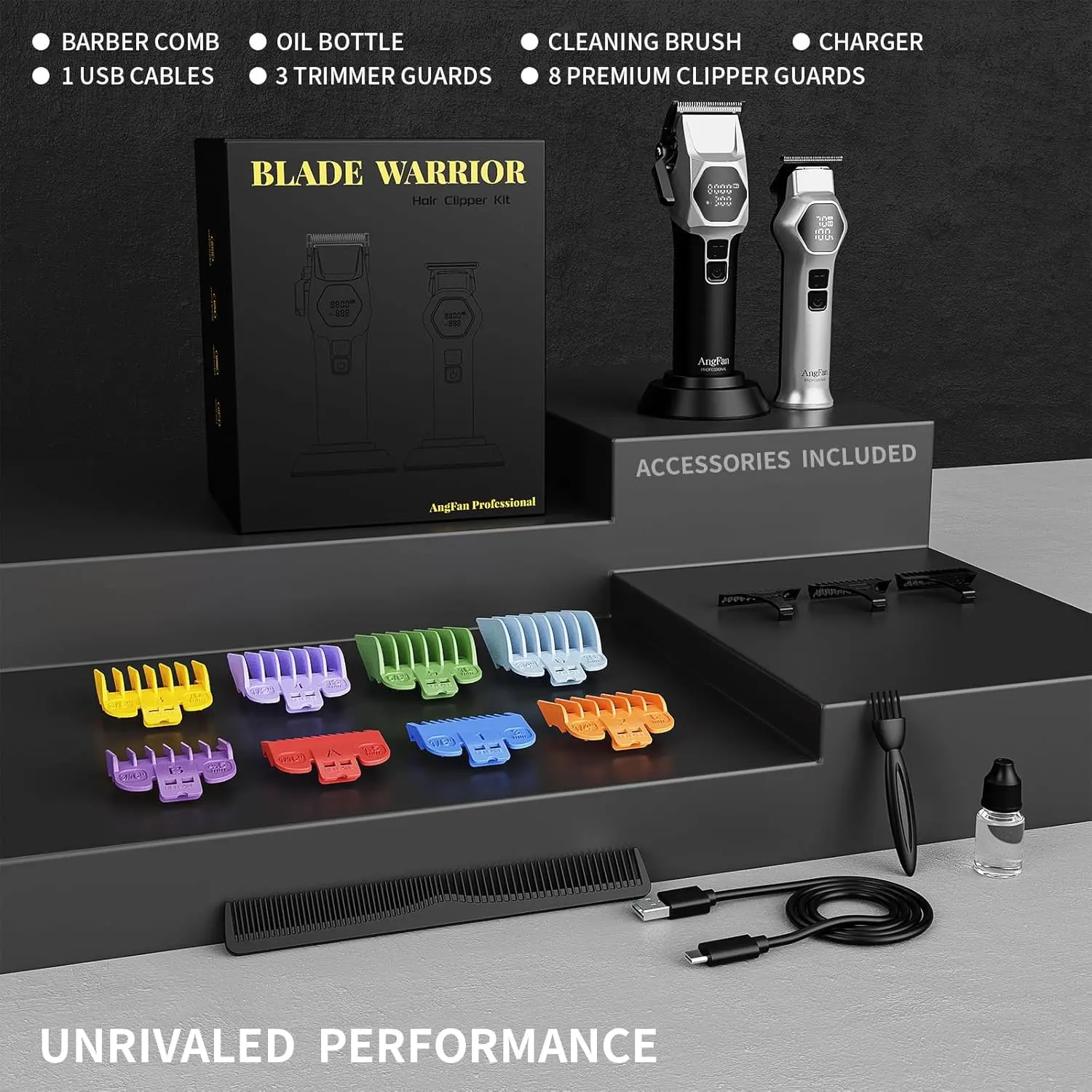 Professional cordless hair clipper and trimmer set with premium guards, adjustable head and sharp steel blades, designed for barbers and home use.