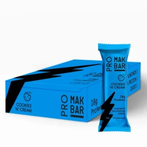 A box of 12 Cookies 'N' Cream flavored MAK BAR Pro protein bars, offering 18g of plant-based protein, no added sugar, and high fiber for a guilt-free post-workout meal or snack.