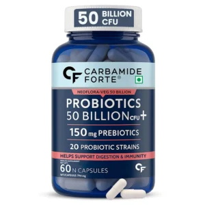 This bottle contains 60 capsules of our Carbamide Forte probiotics supplement with 50 billion CFU, digestive enzymes, and prebiotics for optimal gut health and immunity support for both women and men.