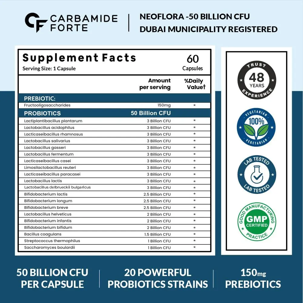 This bottle contains 60 capsules of our Carbamide Forte probiotics supplement with 50 billion CFU, digestive enzymes, and prebiotics for optimal gut health and immunity support for both women and men.