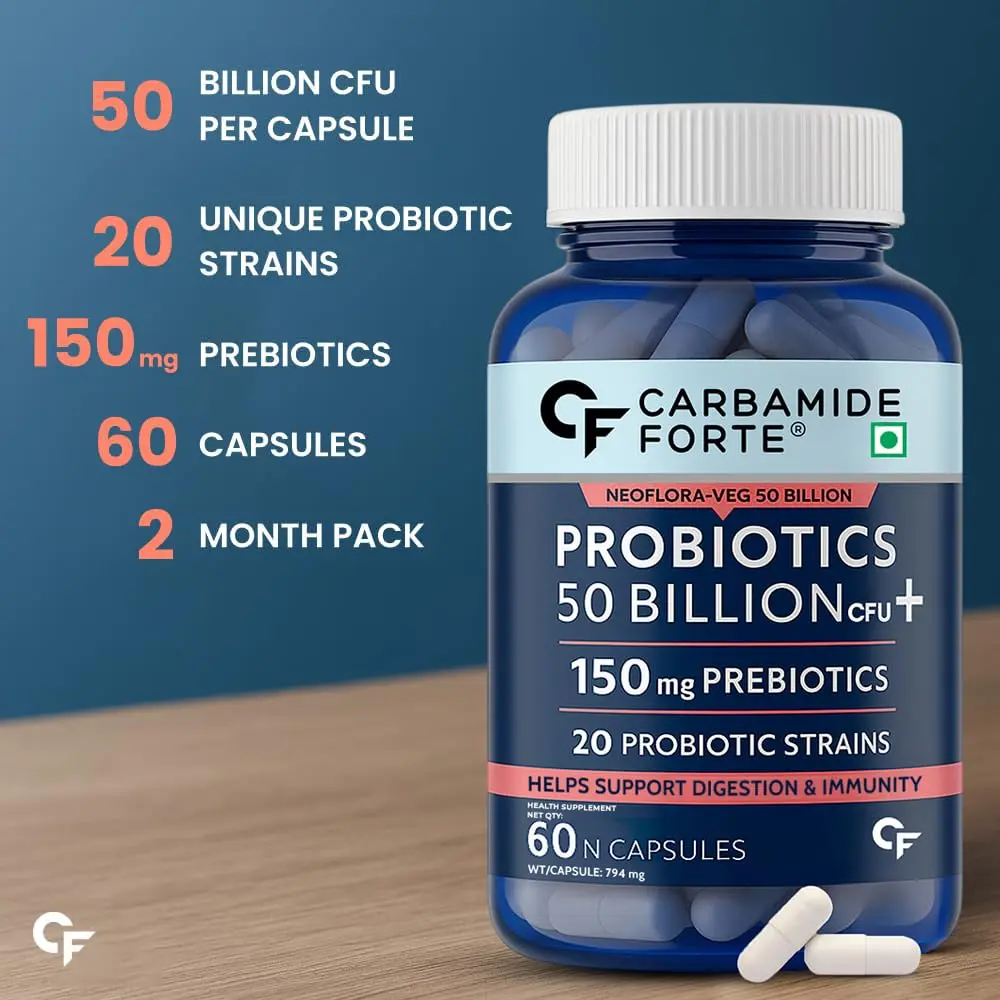 This bottle contains 60 capsules of our Carbamide Forte probiotics supplement with 50 billion CFU, digestive enzymes, and prebiotics for optimal gut health and immunity support for both women and men.