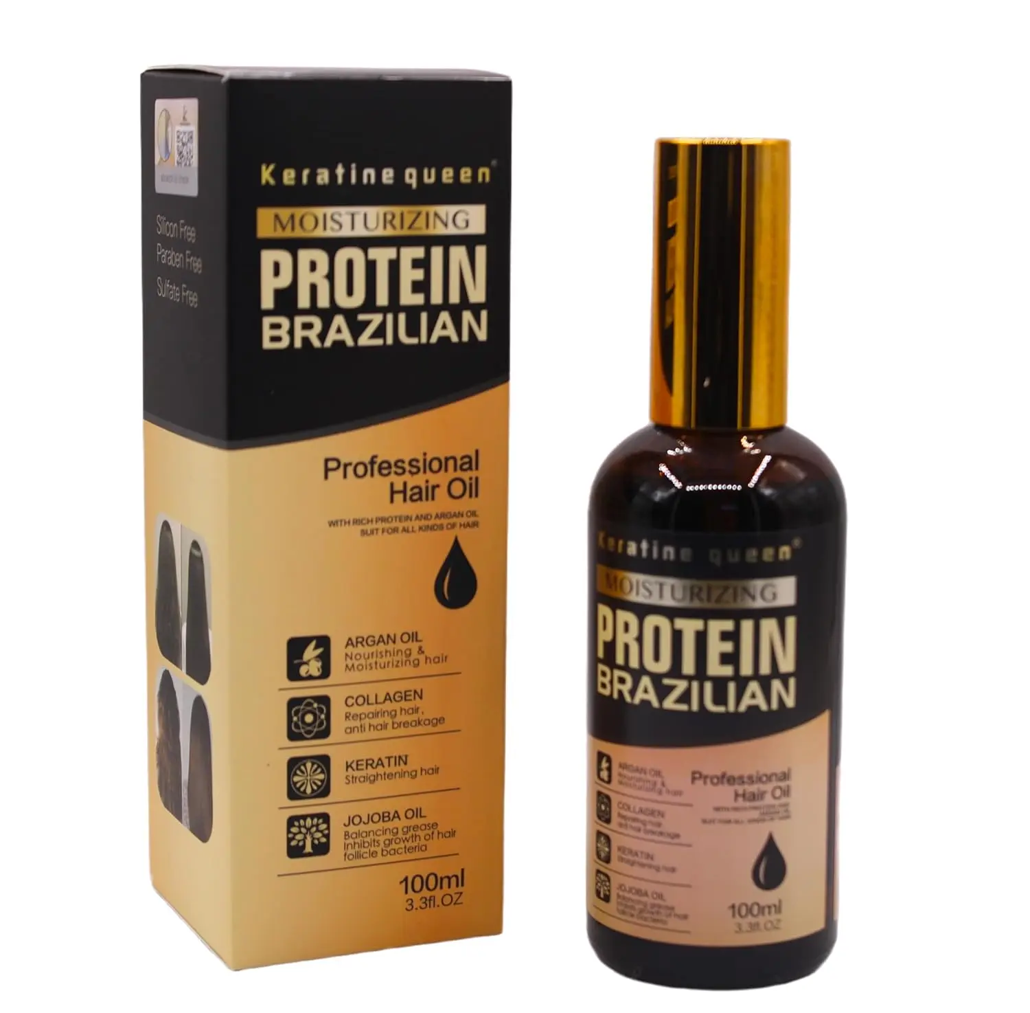 This is a bottle of Brazilian protein hair oil infused with argan oil, collagen and keratin for moisturising, repairing, and straightening hair.