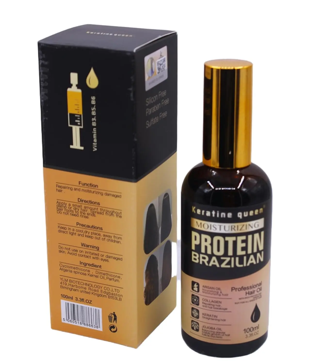 This is a bottle of Brazilian protein hair oil infused with argan oil, collagen and keratin for moisturising, repairing, and straightening hair.