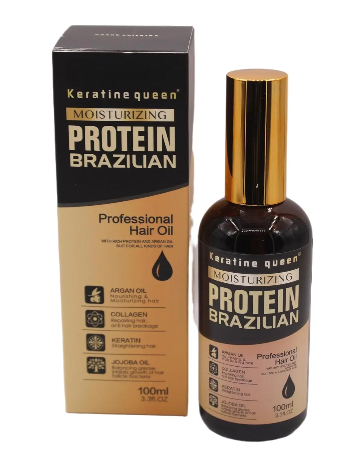 This is a bottle of Brazilian protein hair oil infused with argan oil, collagen and keratin for moisturising, repairing, and straightening hair.
