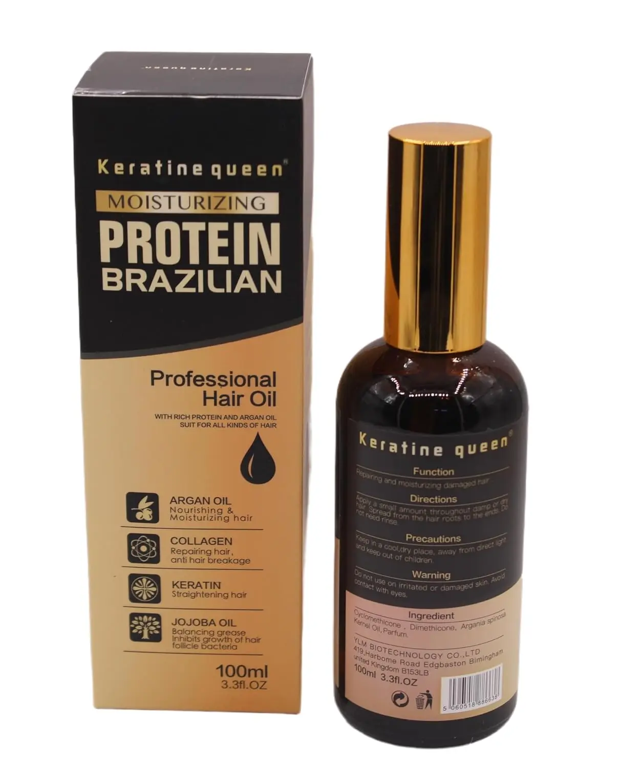 This is a bottle of Brazilian protein hair oil infused with argan oil, collagen and keratin for moisturising, repairing, and straightening hair.
