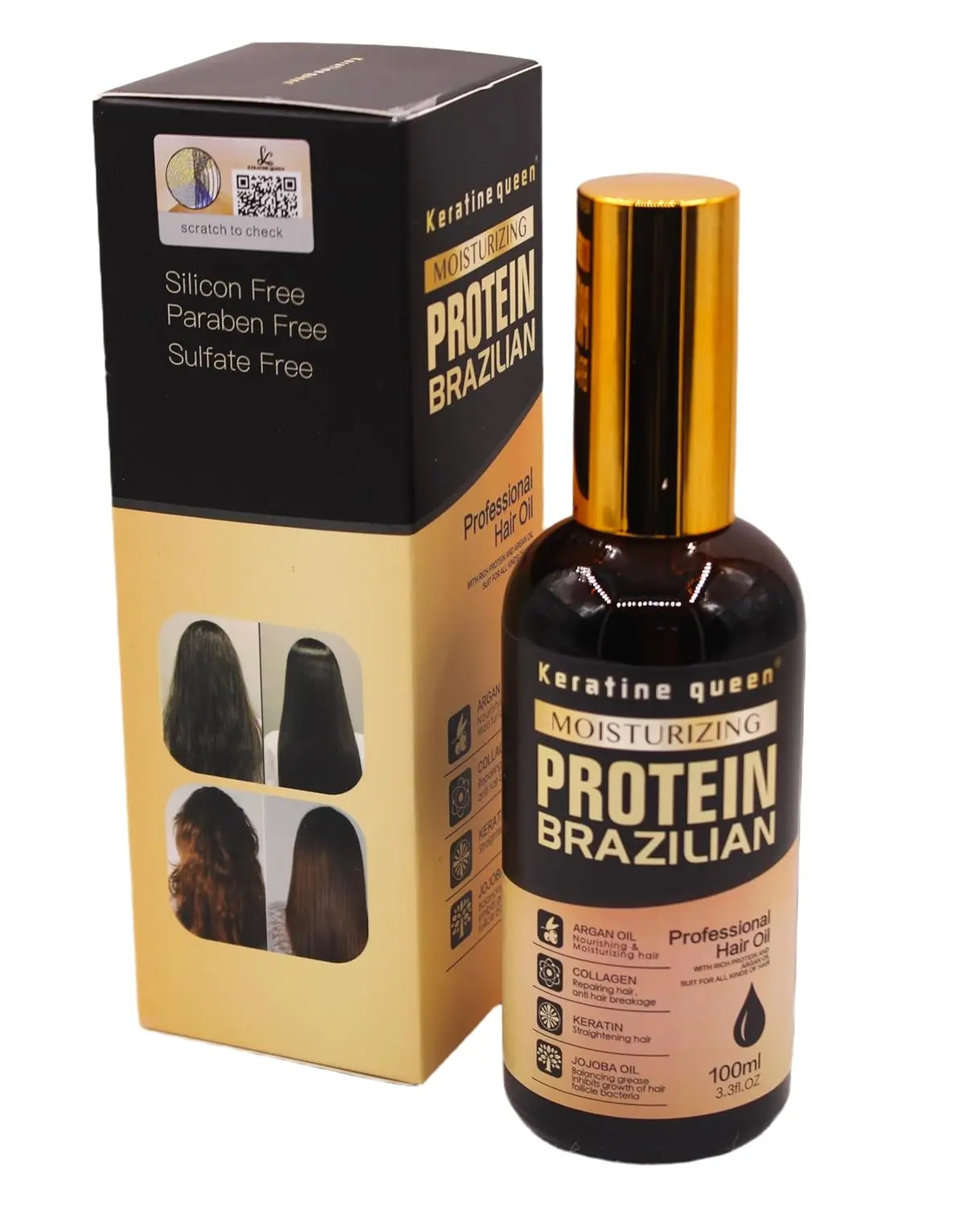 This is a bottle of Brazilian protein hair oil infused with argan oil, collagen and keratin for moisturising, repairing, and straightening hair.