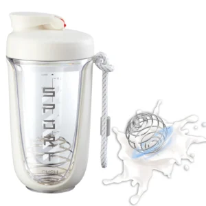 White 20 oz protein shaker bottle with a blender ball, perfect for mixing protein powders at the gym or during workouts.