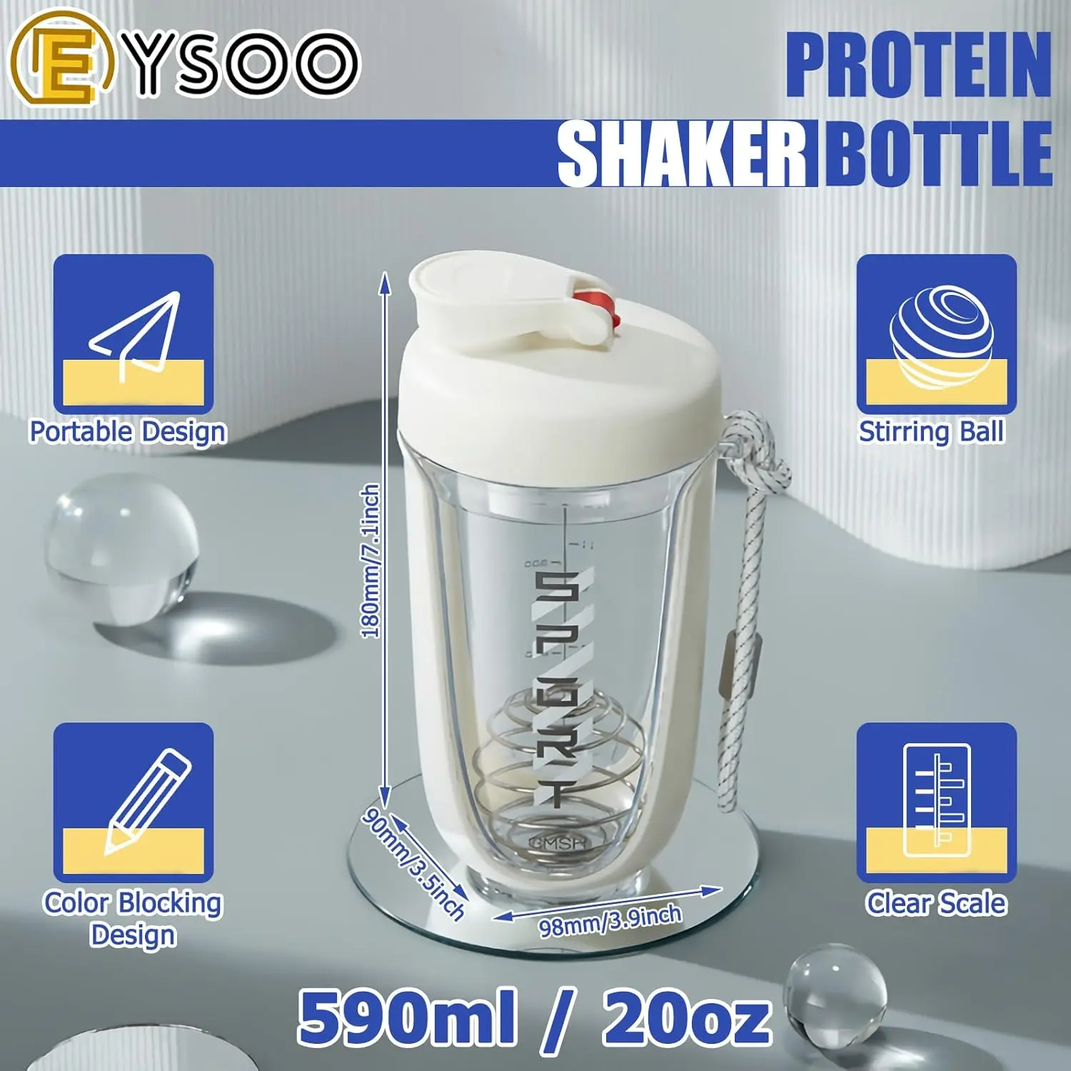 White 20 oz protein shaker bottle with a blender ball, perfect for mixing protein powders at the gym or during workouts.
