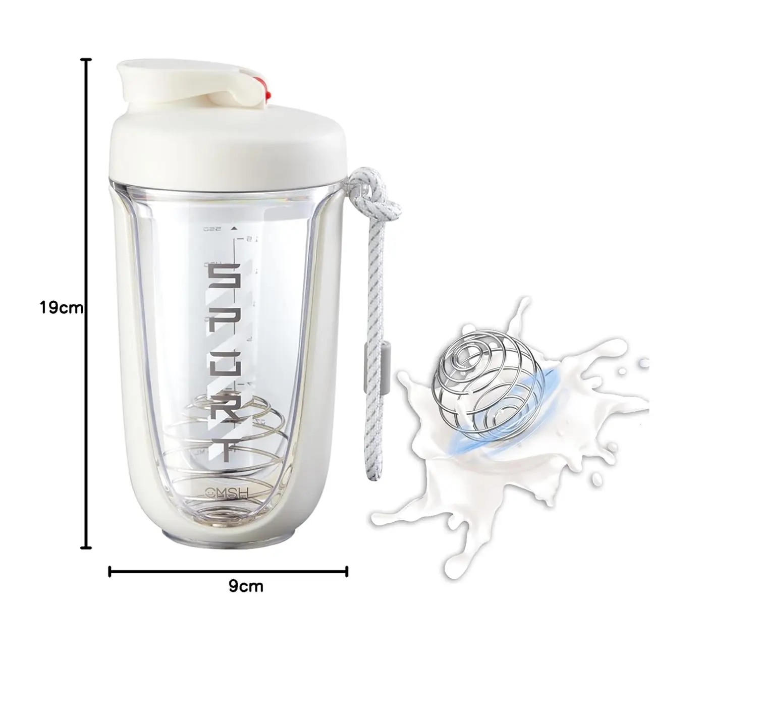 White 20 oz protein shaker bottle with a blender ball, perfect for mixing protein powders at the gym or during workouts.