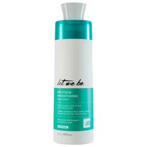 A one-liter bottle of Let Me Be Protein Smoothing Treatment, a Brazilian keratin treatment for hair, is displayed.