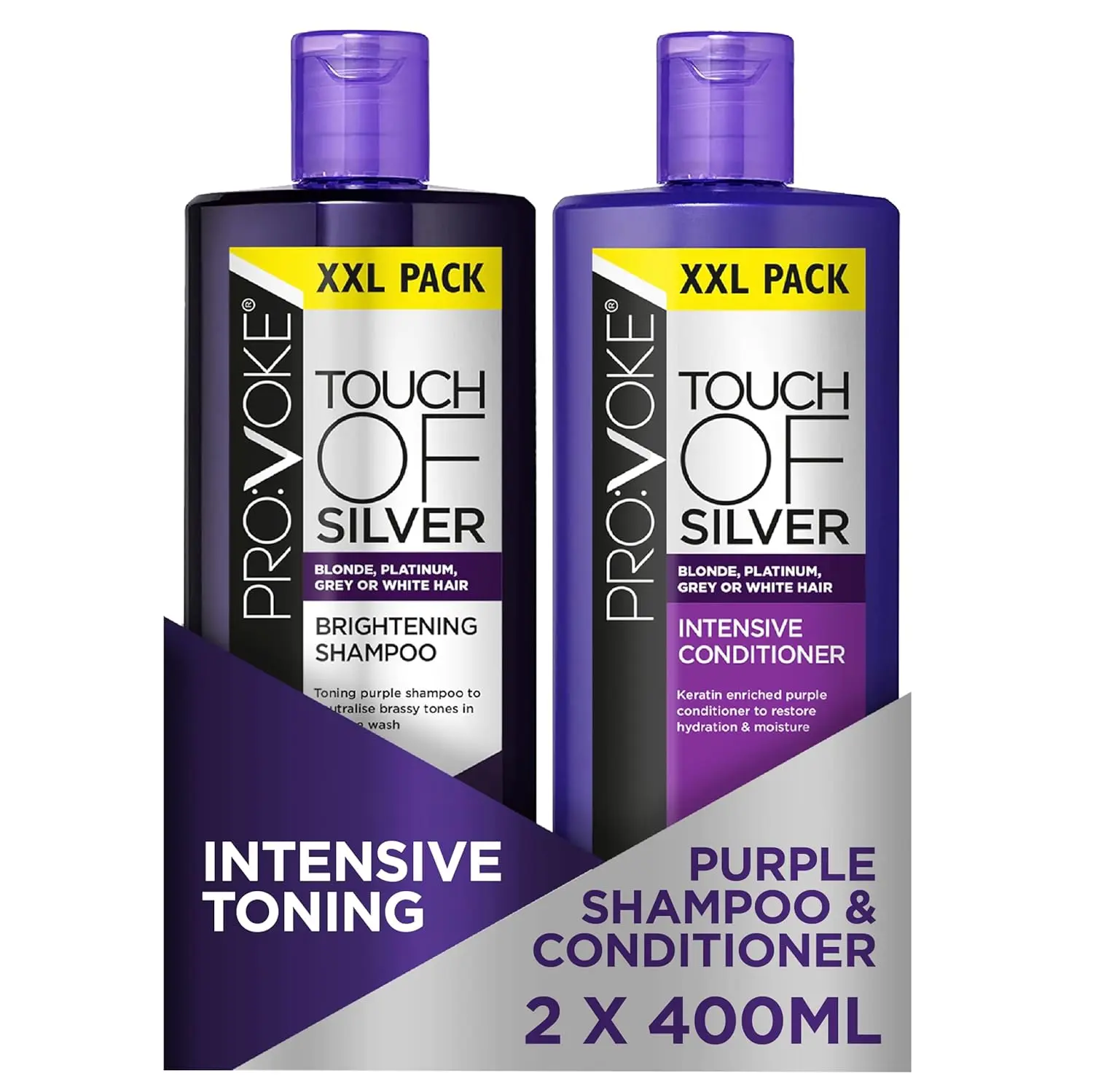 PROVOKE Touch Of Silver purple shampoo and intensive conditioner brightens blonde, grey, and highlighted hair by neutralising yellow and orange brassy tones, leaving it healthy, shiny, and rejuvenated.