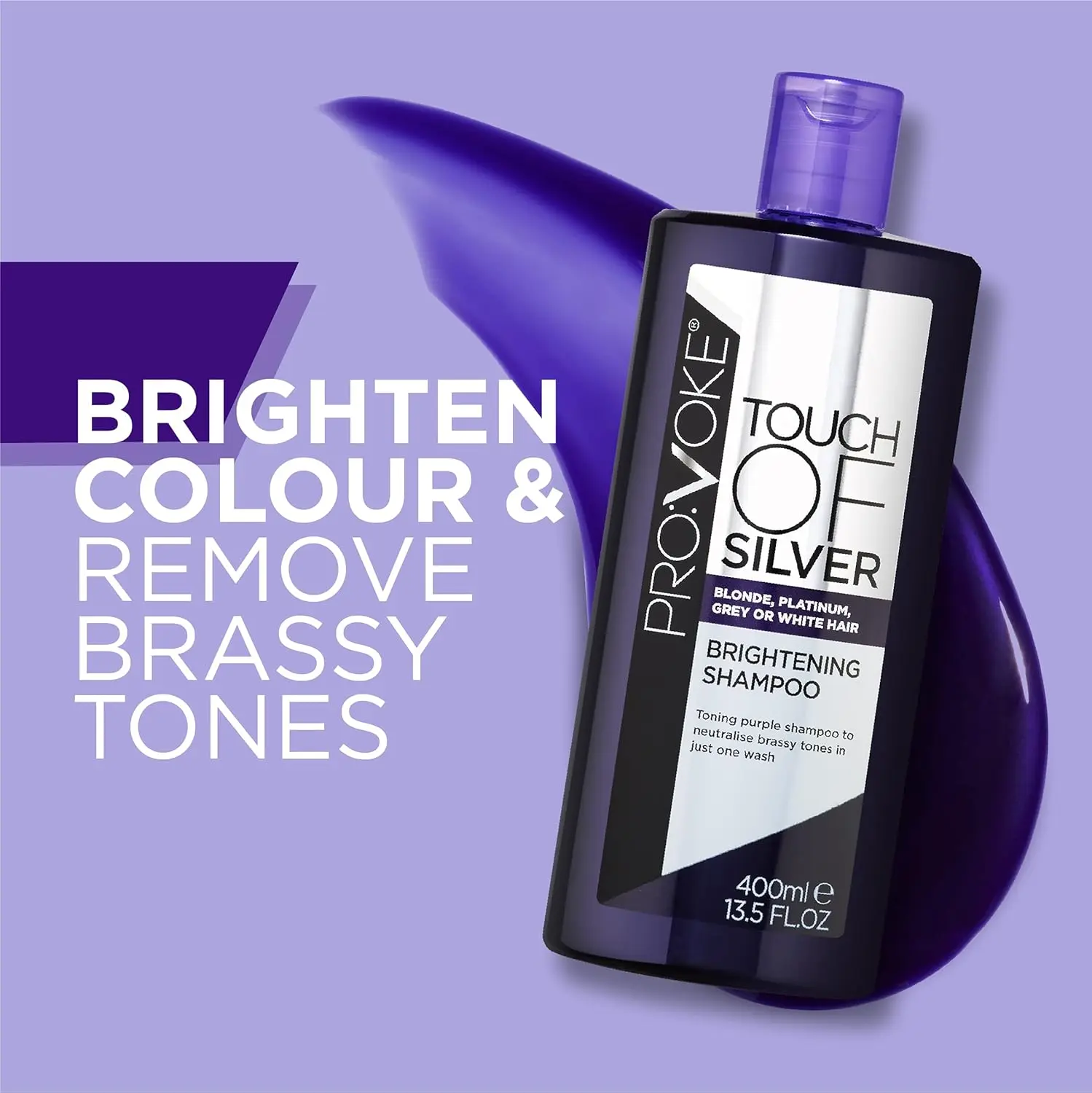 PROVOKE Touch Of Silver purple shampoo and intensive conditioner brightens blonde, grey, and highlighted hair by neutralising yellow and orange brassy tones, leaving it healthy, shiny, and rejuvenated.
