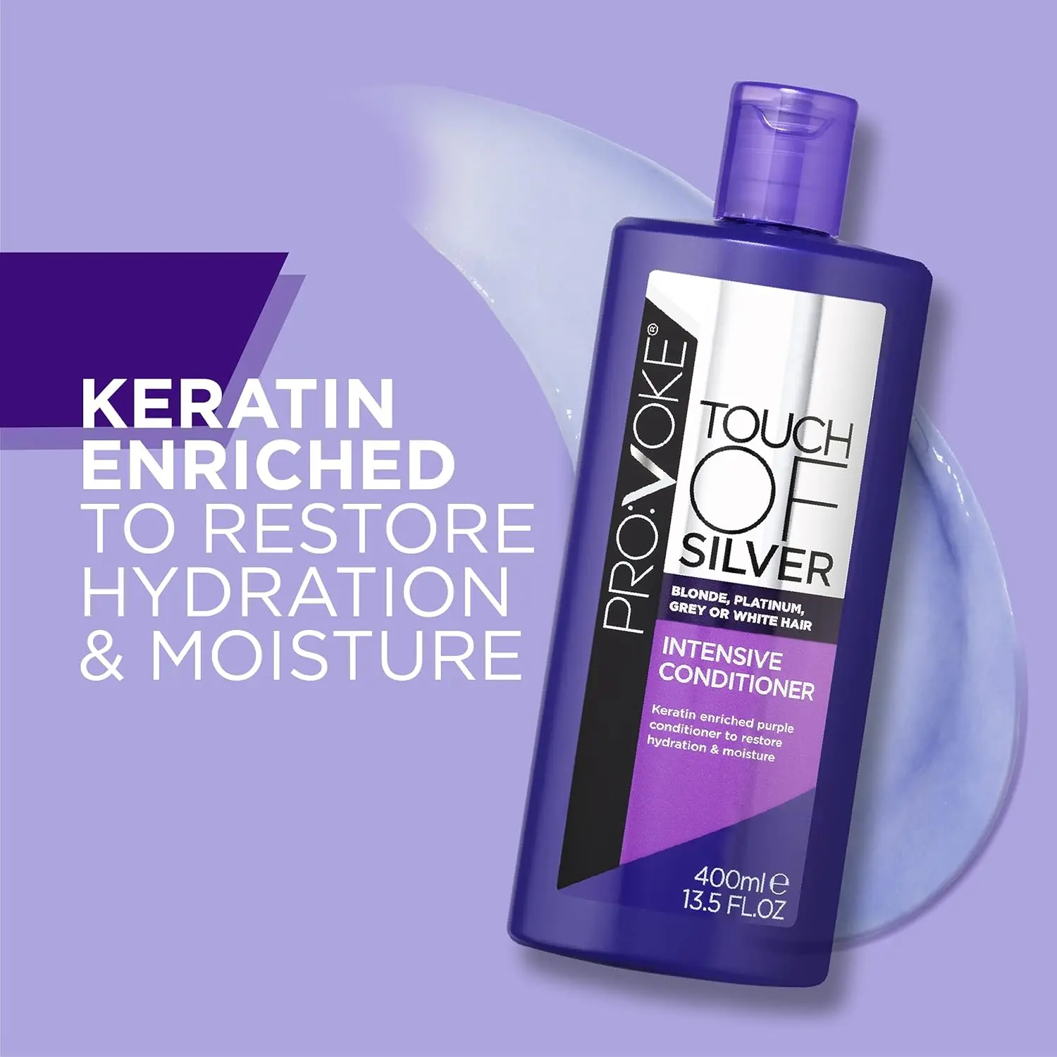 PROVOKE Touch Of Silver purple shampoo and intensive conditioner brightens blonde, grey, and highlighted hair by neutralising yellow and orange brassy tones, leaving it healthy, shiny, and rejuvenated.