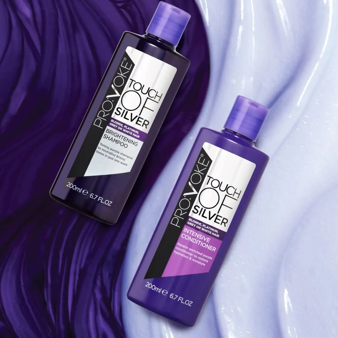 PROVOKE Touch Of Silver purple shampoo and intensive conditioner brightens blonde, grey, and highlighted hair by neutralising yellow and orange brassy tones, leaving it healthy, shiny, and rejuvenated.