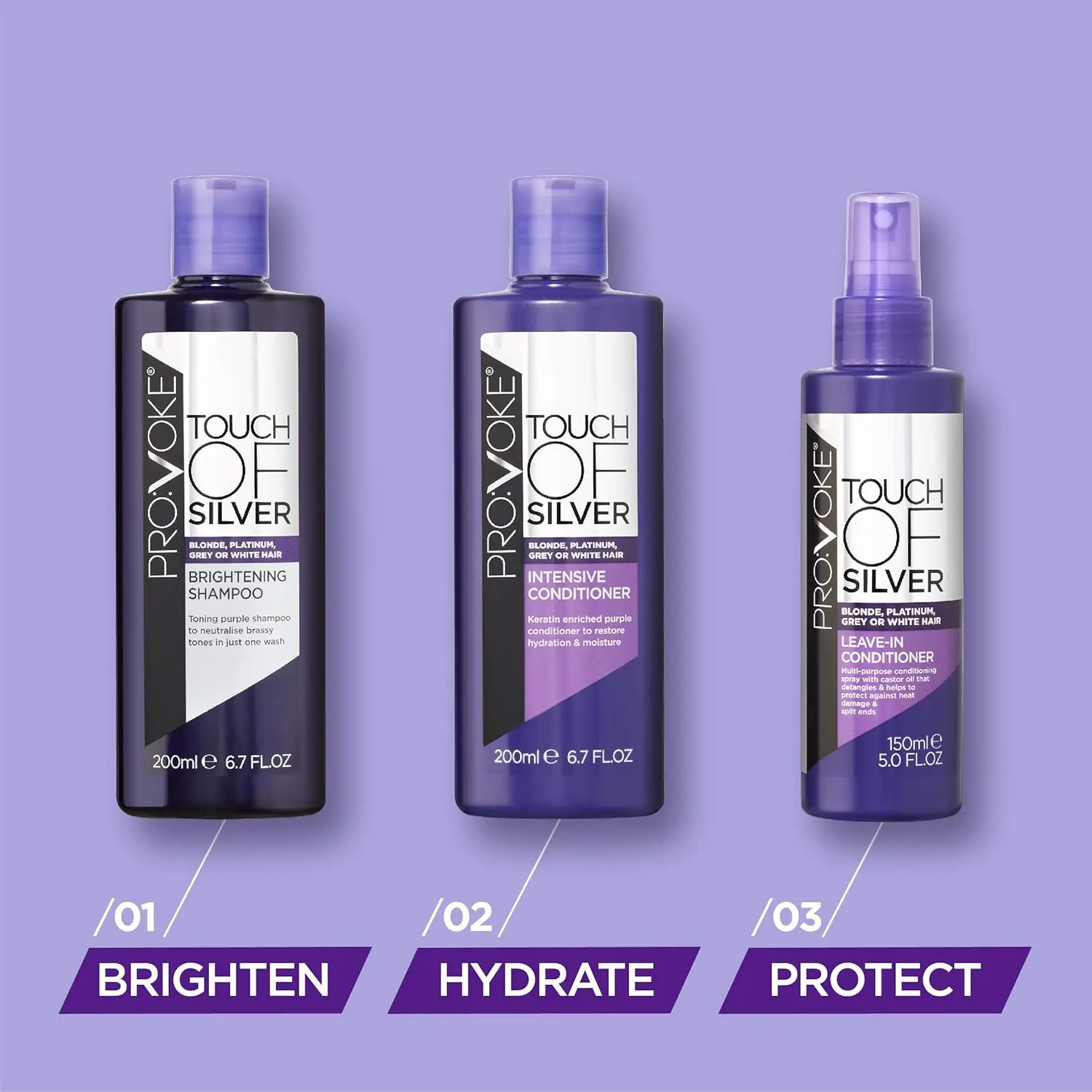 PROVOKE Touch Of Silver purple shampoo and intensive conditioner brightens blonde, grey, and highlighted hair by neutralising yellow and orange brassy tones, leaving it healthy, shiny, and rejuvenated.