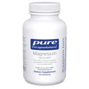 Pure Encapsulations Magnesium Glycinate capsules in hygienic packaging, formulated with care to support enzymatic and physiological functions, offering a host of goodness.