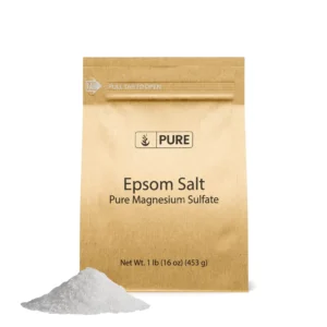 A bag of Pure Organic Ingredients Epsom Salt, commonly used for soothing sore muscles, foot soaks, and softening skin.