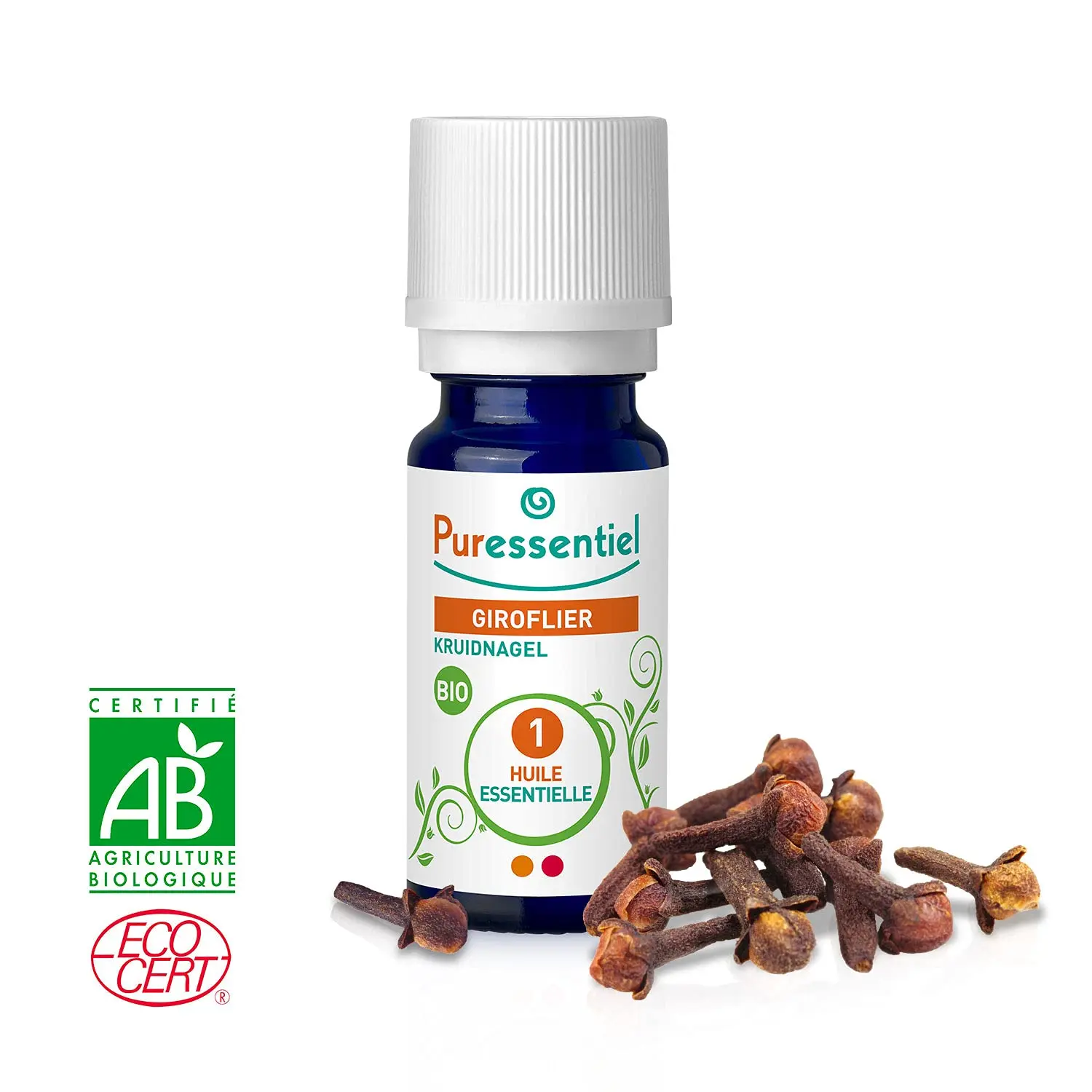 Bottle of Puressentiel Organic Clove Essential Oil, a beauty product and supplement.