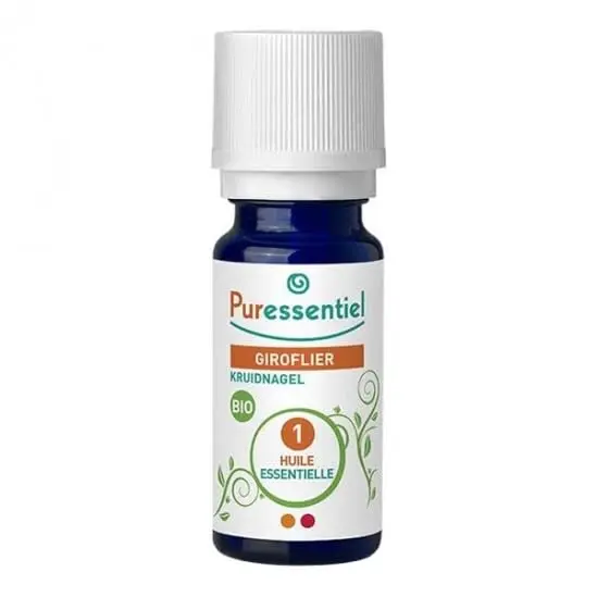 Bottle of Puressentiel Organic Clove Essential Oil, a beauty product and supplement.