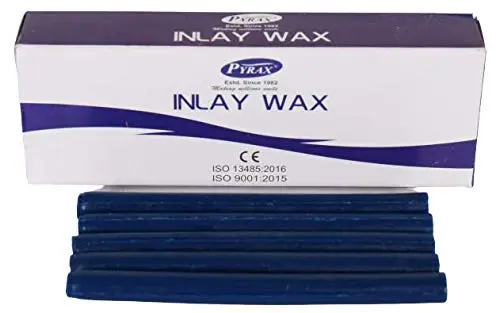 PYRAX blue inlay wax sticks, ideal for detailed dental modeling of crowns, bridges, inlays, and onlays, crafted from a blend of hydrocarbon waxes for easy carving.