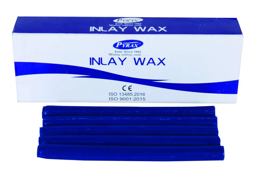 PYRAX blue inlay wax sticks, ideal for detailed dental modeling of crowns, bridges, inlays, and onlays, crafted from a blend of hydrocarbon waxes for easy carving.