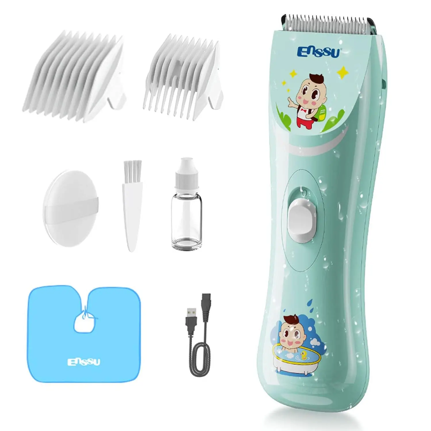 ENSSU quiet baby hair clippers offer a safe and comfortable haircutting experience with low noise, R-shaped blade, and waterproof design, perfect for infants and children.