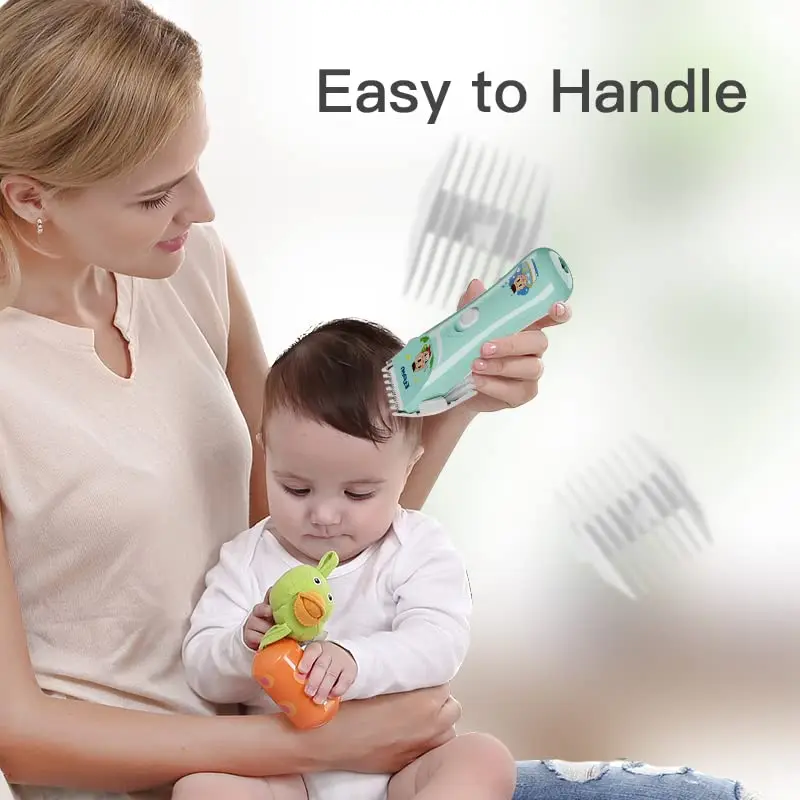 ENSSU quiet baby hair clippers offer a safe and comfortable haircutting experience with low noise, R-shaped blade, and waterproof design, perfect for infants and children.