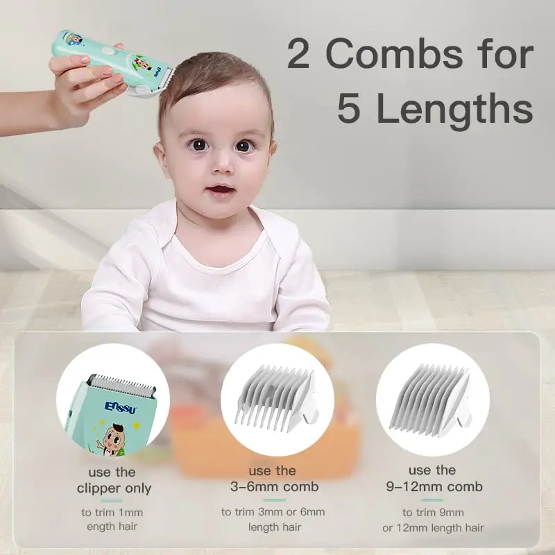 ENSSU quiet baby hair clippers offer a safe and comfortable haircutting experience with low noise, R-shaped blade, and waterproof design, perfect for infants and children.