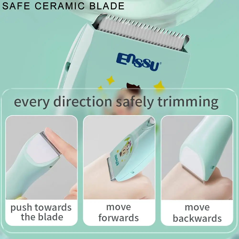 ENSSU quiet baby hair clippers offer a safe and comfortable haircutting experience with low noise, R-shaped blade, and waterproof design, perfect for infants and children.