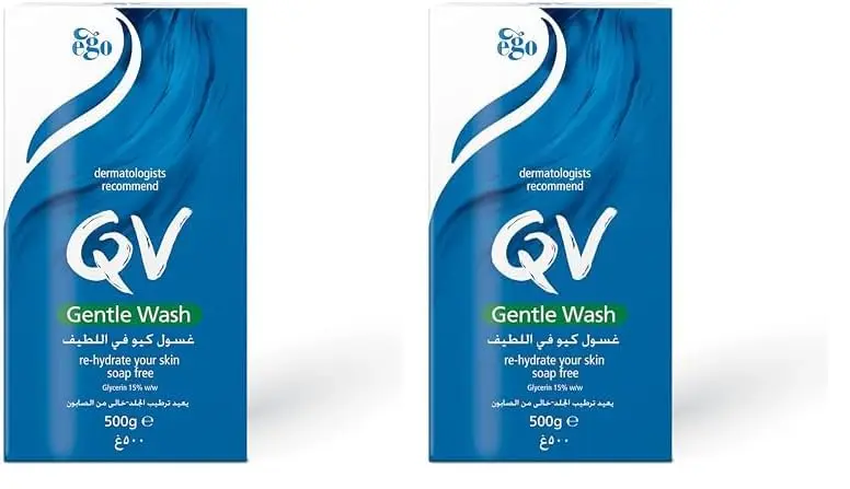 A bottle of QV Gentle Wash, a soap-free and fragrance-free body wash formulated for hydrating and cleansing dry, sensitive skin without stripping its natural oils.