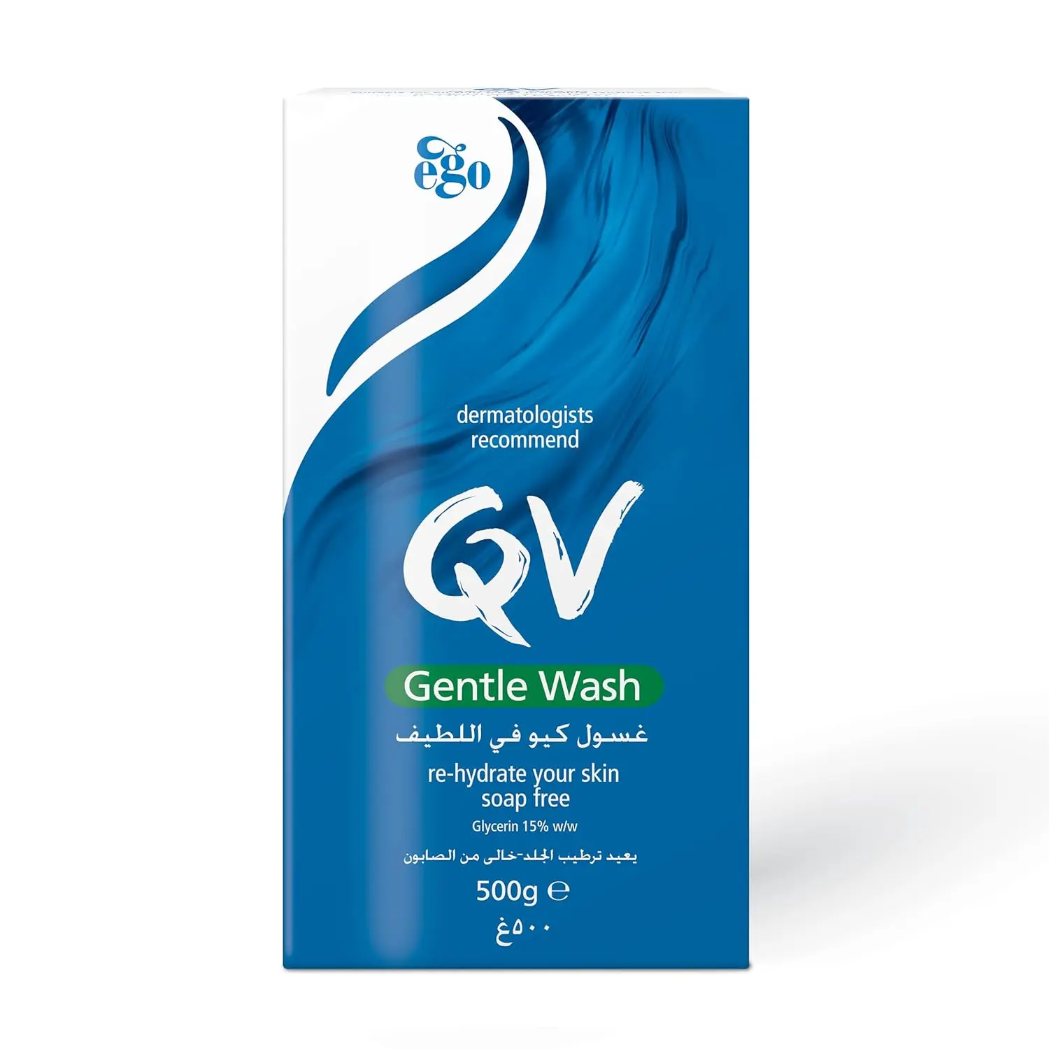 A bottle of QV Gentle Wash, a soap-free and fragrance-free body wash formulated for hydrating and cleansing dry, sensitive skin without stripping its natural oils.