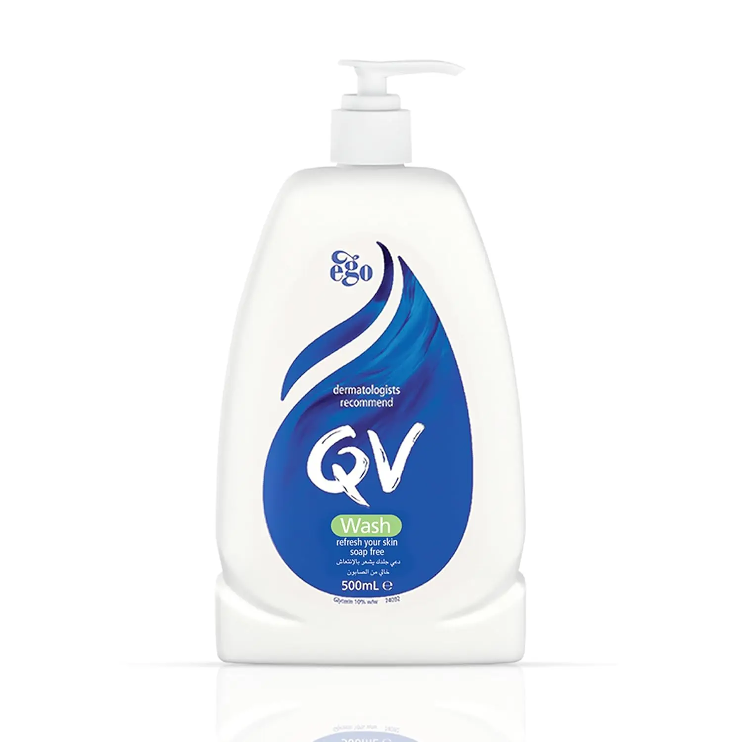 Bottle of QV Wash, a soap-free and fragrance-free cleanser for sensitive and dry skin, recommended by dermatologists for daily face and body use.