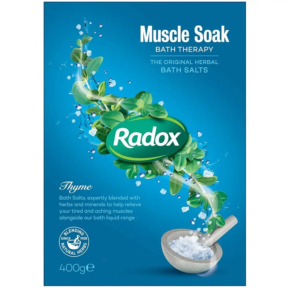 Radox Muscle Soak bath salts with thyme scent, expertly blended with herbs and minerals to soothe tired and aching muscles and leave skin feeling clean and fresh.