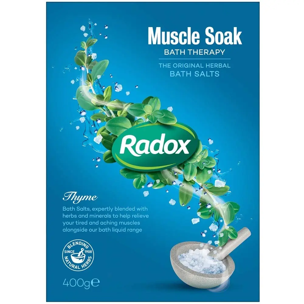 Radox Muscle Soak bath salts with thyme scent, expertly blended with herbs and minerals to soothe tired and aching muscles and leave skin feeling clean and fresh.