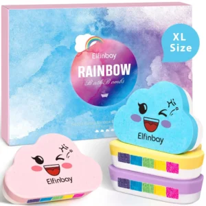 Four extra large cloud bath bombs create a colorful rainbow effect in the bath, providing a relaxing and moisturizing experience for kids and adults.