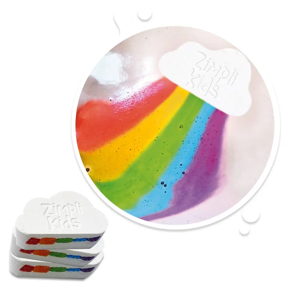 Zimpli Kids rainbow bath bombs create a colourful, fizzing bath adventure with a delicious strawberry scent while changing the colour of the water, are skin safe, vegan friendly and biodegradable.