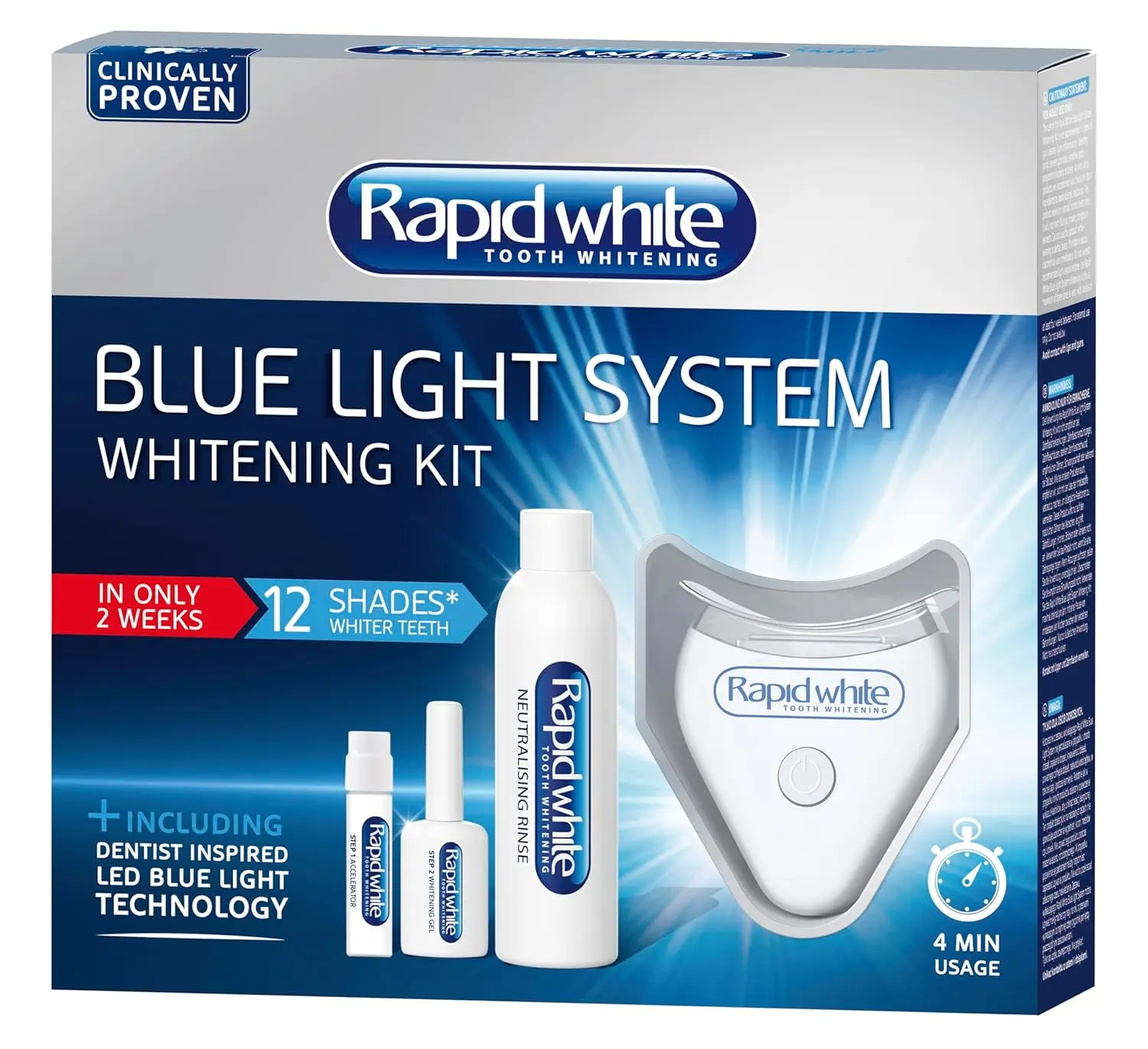 Get up to 5 shades whiter teeth in two weeks with the Rapid White Blue Light Teeth Whitening System, featuring light-activated gel technology for convenient home use.